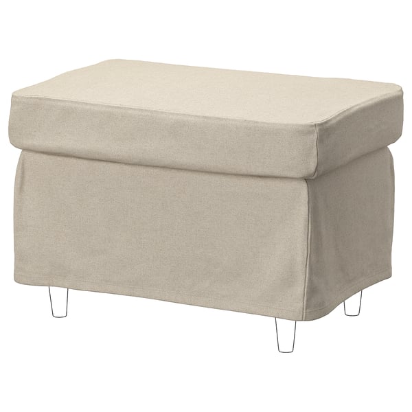 A beige STRANDMON footstool with a fabric cover, featuring a rectangular shape with slightly curved edges.
