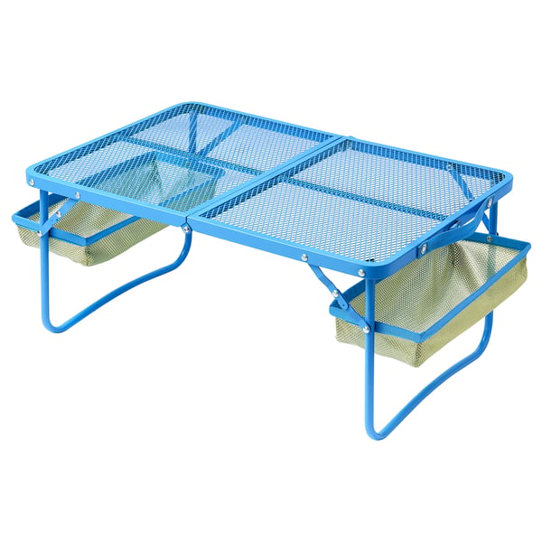 A blue STRANDÖN mesh table with two side baskets, perfect for outdoor use, featuring a rectangular shape and functional design.