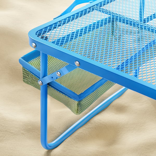 Blue mesh outdoor table, stylish & functional with airy design, folds for easy use.