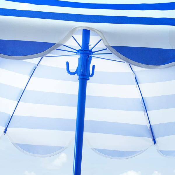 Blue and white striped parasol open, revealing a blue handle and hooks. Sky visible through the gaps.