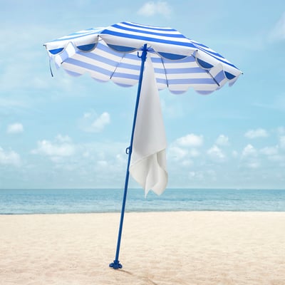 STRANDÖN parasol: blue & white stripes, upf 50+, metal pole, circular shape, sand anchor. Large, provides broad shade.