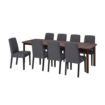 A STRANDTORP dining set with a dark brown wooden table and six grey chairs.