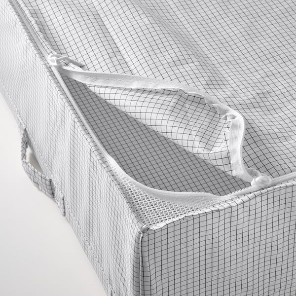 Closed mesh storage bin with zip, durable fabric, handles for easy transport.