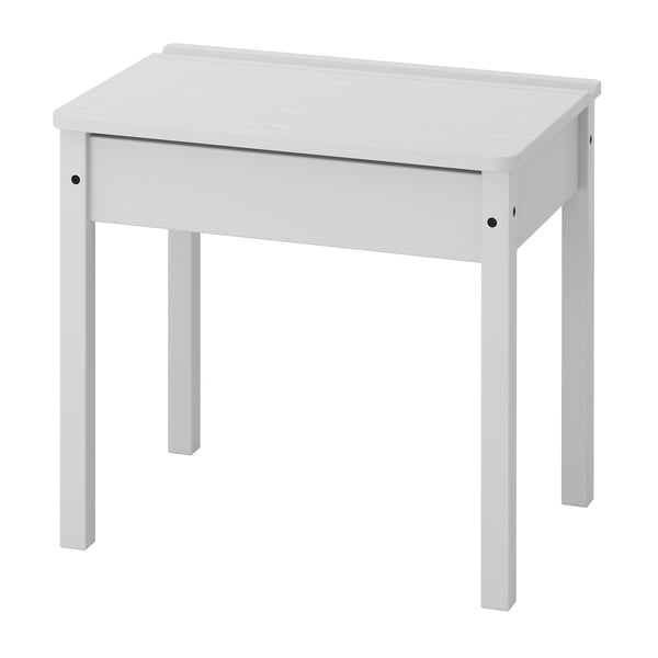 SUNDVIK childs white desk, simple, rectangular, with lift-up top for storage.