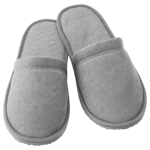 Pair of grey TÅSJÖN slippers with soft fabric and sturdy soles.