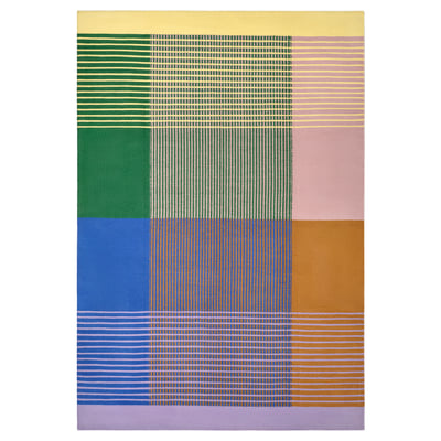 TESAMMANS rug, rectangular, colourful striped wool and cotton, vibrant multi-colored blocks.