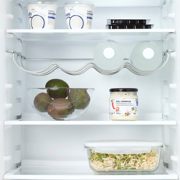 Fridge with adjustable shelves, yoghurt, avocados, condiments, sprouts.
