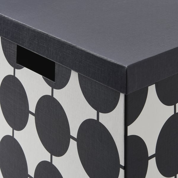 Sturdy recycled box with cut-out handles & pattern, perfect for kallax shelves.