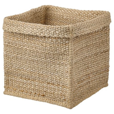 A TJILLEVIPS jute storage basket. Square-shaped, beige in colour, hand-sewn with natural jute fibres. Designed to fit various shelving units.