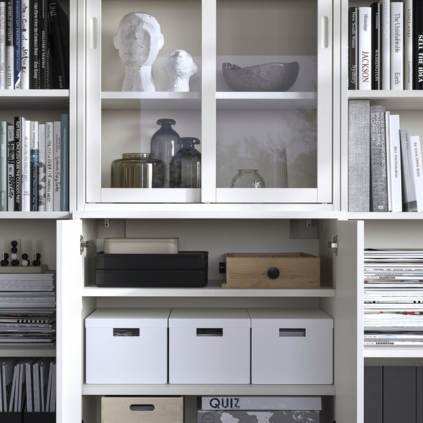 Bookshelf with glass doors: white, various books, vases, and sculptures displayed neatly.