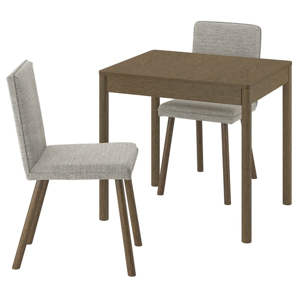 TONSTAD dining set with brown oak table and two grey chairs.