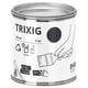 A can of ikea TRIXIG black paint, cylindrical with white label, designed for indoor furniture.