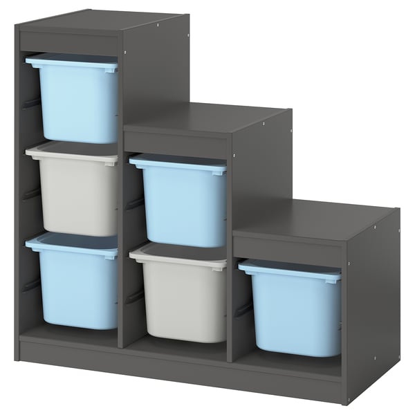 TROFAST grey storage unit with blue and white bins.