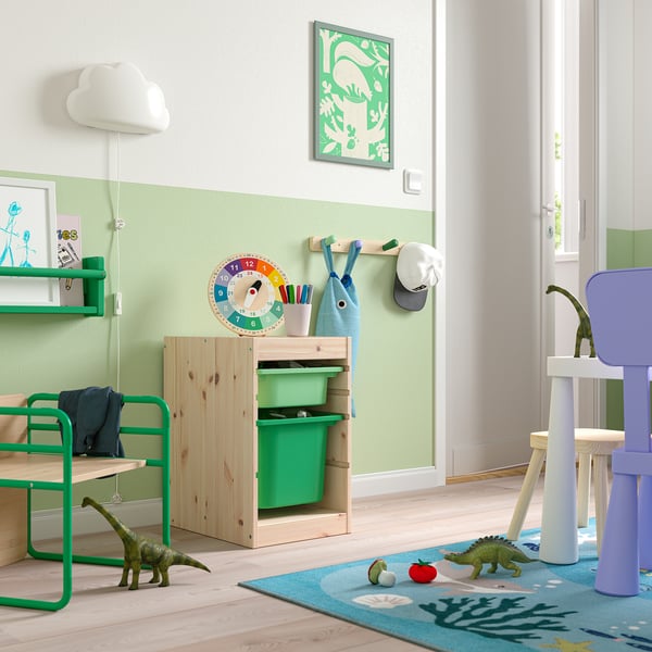 TROFAST Storage combination with boxes, light white stained pine light green/bright green, 32x44x52 cm
