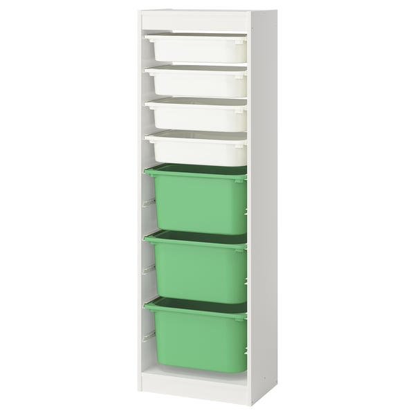 TROFAST storage unit, white. Green and clear plastic bins, modular, vertical design.