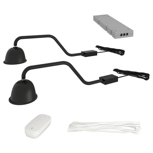 A black adjustable wall lamp with two dome-shaped lights and a wireless power switch.