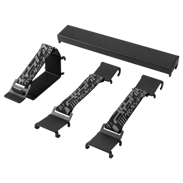 UPPSPEL gaming gear organisers in black, featuring magnetic strips, hooks, and elastic straps for organising accessories and tools.