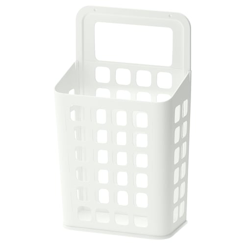 VARIERA plastic bin, white, rectangular with handle and holes, easy to clean.