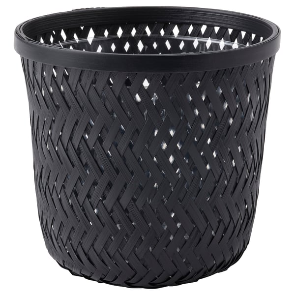 Black woven bamboo planter with diamond-shaped cutouts, round shape, handmade, unique design.