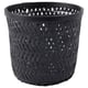 Black woven bamboo planter with diamond-shaped cutouts, round shape, handmade, unique design.
