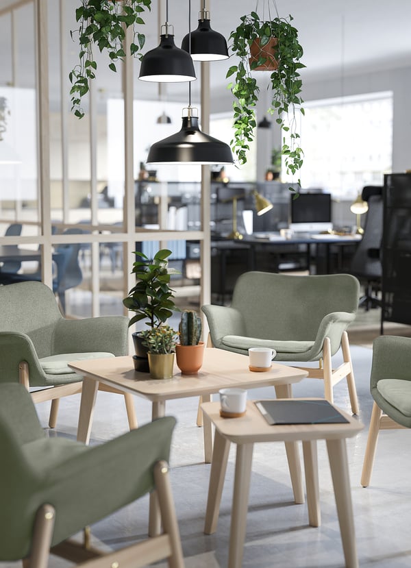 Modern office lounge with VEDBO green armchairs, wooden tables, hanging plants, and black lamps.