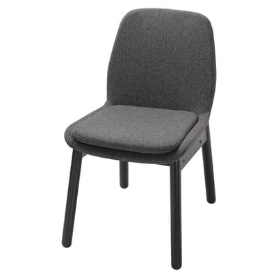 VEDBO grey chair: upholstered seat, black legs, curved back, sturdy design.