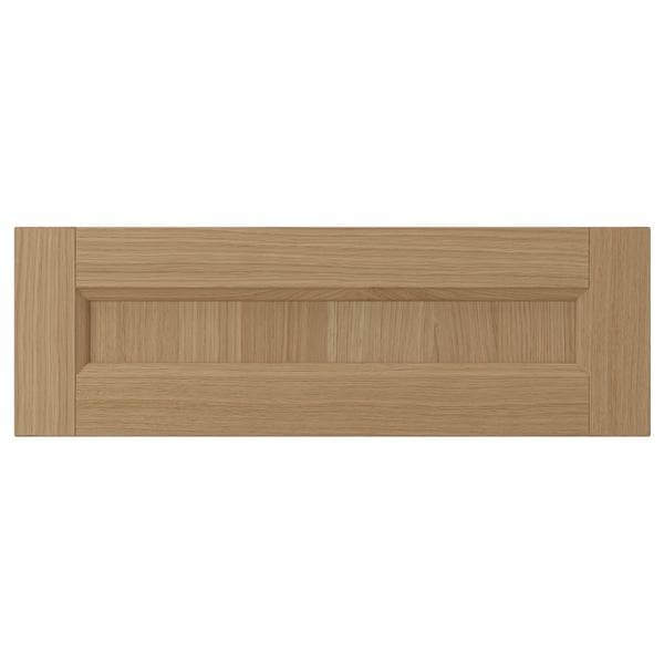 VEDHAMN oak kitchen drawer, natural wood colour, solid oak frame, veneer panels, rectangular shape, classic design.