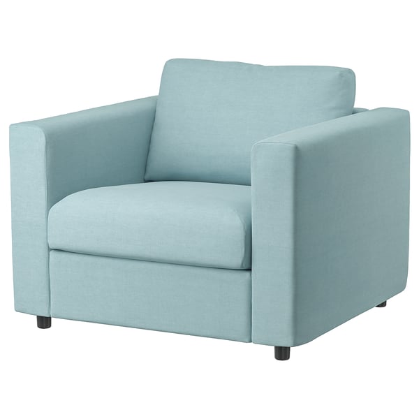 A light blue VIMLE armchair with dark legs, featuring modern, clean lines and a comfortable, square design.