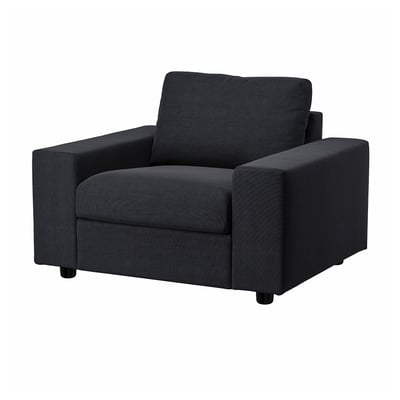 Black VIMLE modern sofa chair, boxy design with wide armrests, dark grey fabric cover.