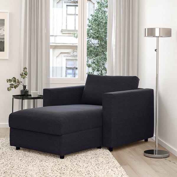 Modern VIMLE grey l-shaped sofa, cosy & functional with storage. Fits neatly by large window.
