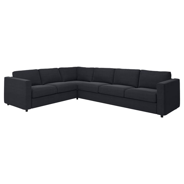 A VIMLE corner sofa in dark grey, with a sleek design and upholstered in fabric with wooden legs.