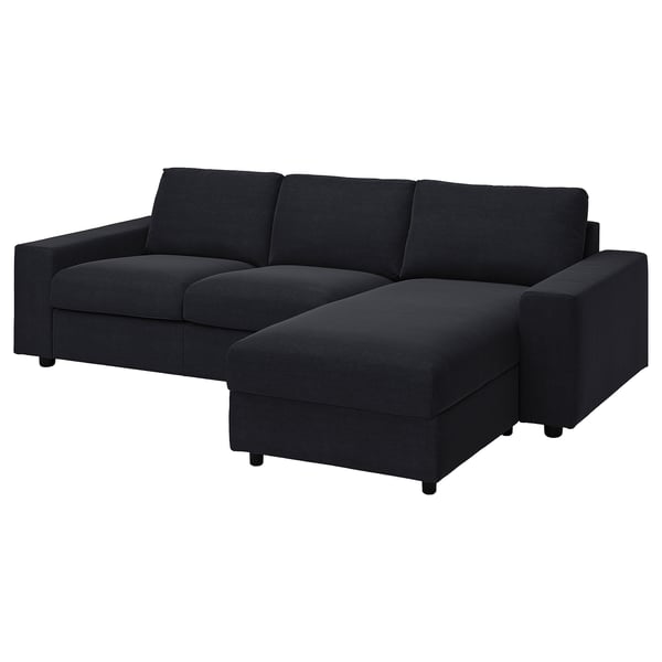 Black VIMLE sectional sofa with chaise, modern design, dark grey fabric.