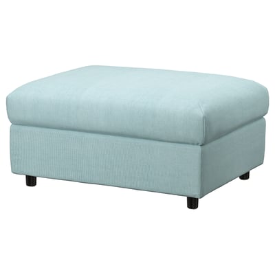 VIMLE light blue ottoman, fabric, square, four wooden legs, storage.