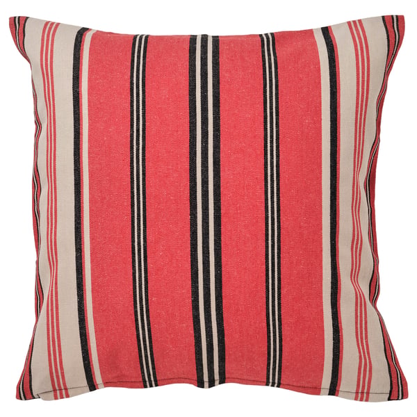 Red and beige striped square cushion cover with black accents, made of cotton and jute.