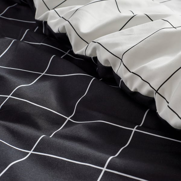 VITKLÖVER Comforter set, white black/check, 240x220/50x80 cm
