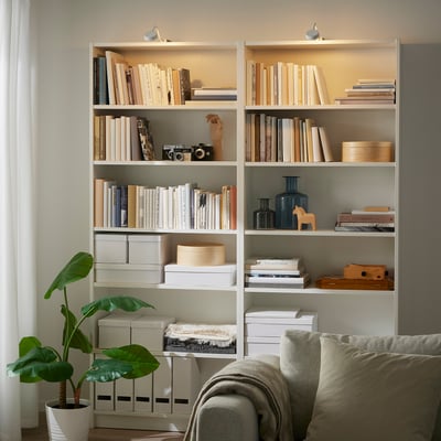 Cosy living room with bookshelves, plant, and beige couch with lamp.