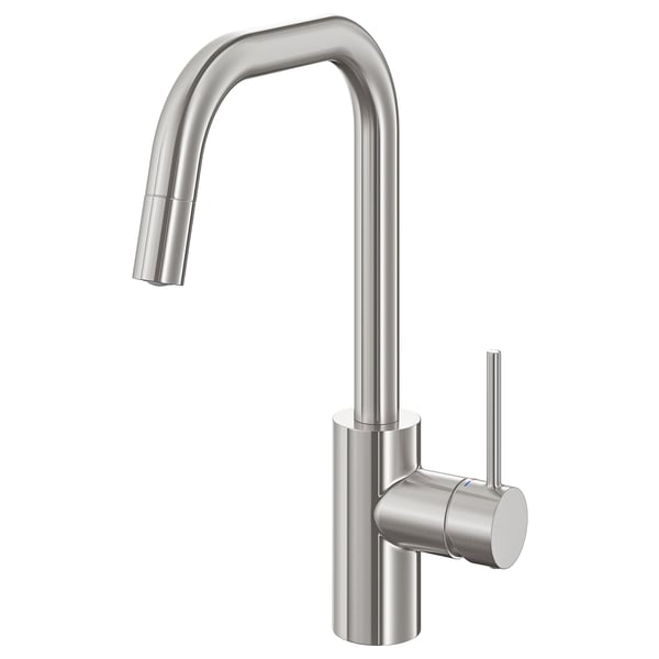 A stainless steel kitchen tap, ÄLMAREN, featuring a high arch, pull-out spout, and sleek cylindrical design.