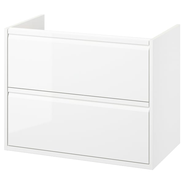Modern white bathroom cabinet, ÄNGSJÖN series, with smooth surface, integrated handles, and minimalist design.