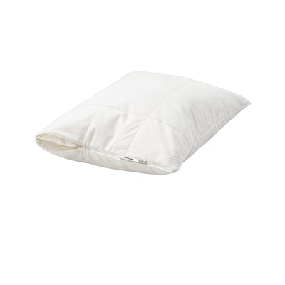 A white ÄNGSKORN pillow protector. Its rectangular, padded, and zipped. Made from lyocell, cotton, and polyester.