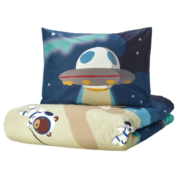 Kids space-themed duvet & pillow in blue, cotton/lyocell, with alien & astronaut designs.