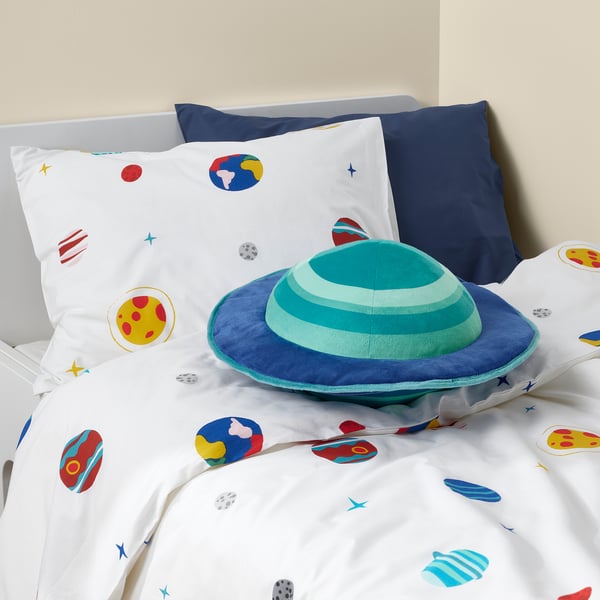 A colourful space-themed bed set with a plush alien head pillow, featuring planets and stars on duvet and pillowcases, ideal for kids.