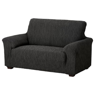 Dark grey, recycled polyester sofa with smooth edges and tailored design.