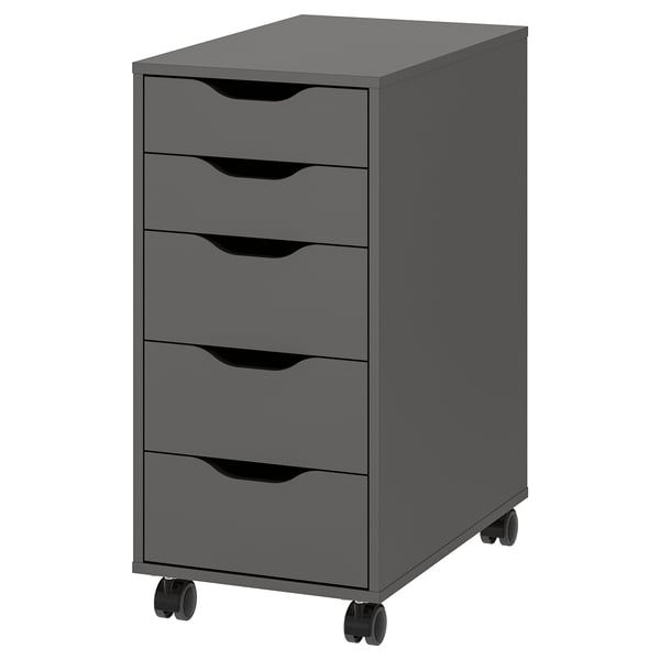 An ALEX drawer unit in grey. It has five drawers, each with a sleek, modern handle. The unit is on castors for easy movement.