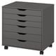 A dark grey, six-drawer storage cabinet on wheels, designed for offices or home spaces, with a sleek and modern look.