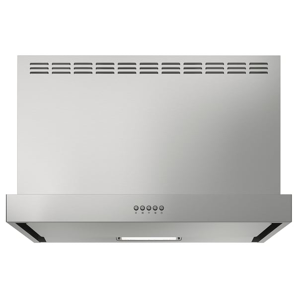 Stainless steel kitchen hood with front control panel. Modern, sleek rectangular design.