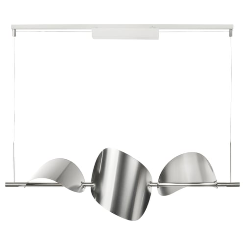 BACKSTÖRN silver metal ceiling lamp with curved blades for dining area.