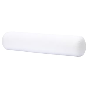 A white BACKTRAV body pillow. Its long, cylindrical, and made of cotton and recycled polyester filling.