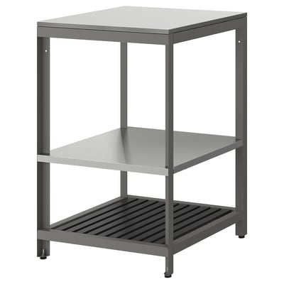 IKEA BÅTSKÄR grey outdoor kitchen unit with stainless steel top and shelves, sturdy frame.