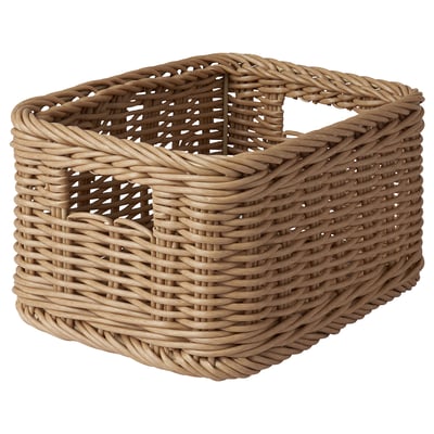 BEKNA handwoven storage basket, light brown, square shape, durable plastic rattan, sturdy handles.