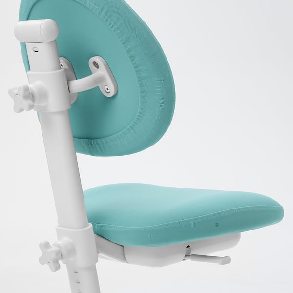 Adjustable chair with light blue fabric, white frame and ergonomic.